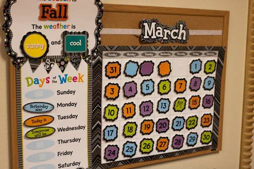 A colorful classroom calendar for March, featuring days of the week and a seasonal theme.