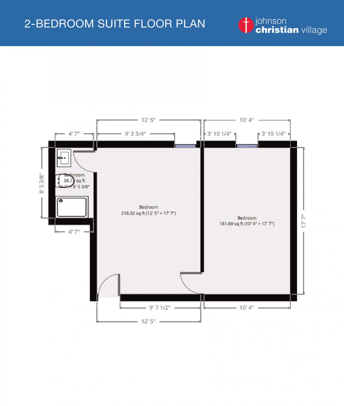 A simple floor plan showing the layout and dimensions of two rooms, along with a bathroom area.