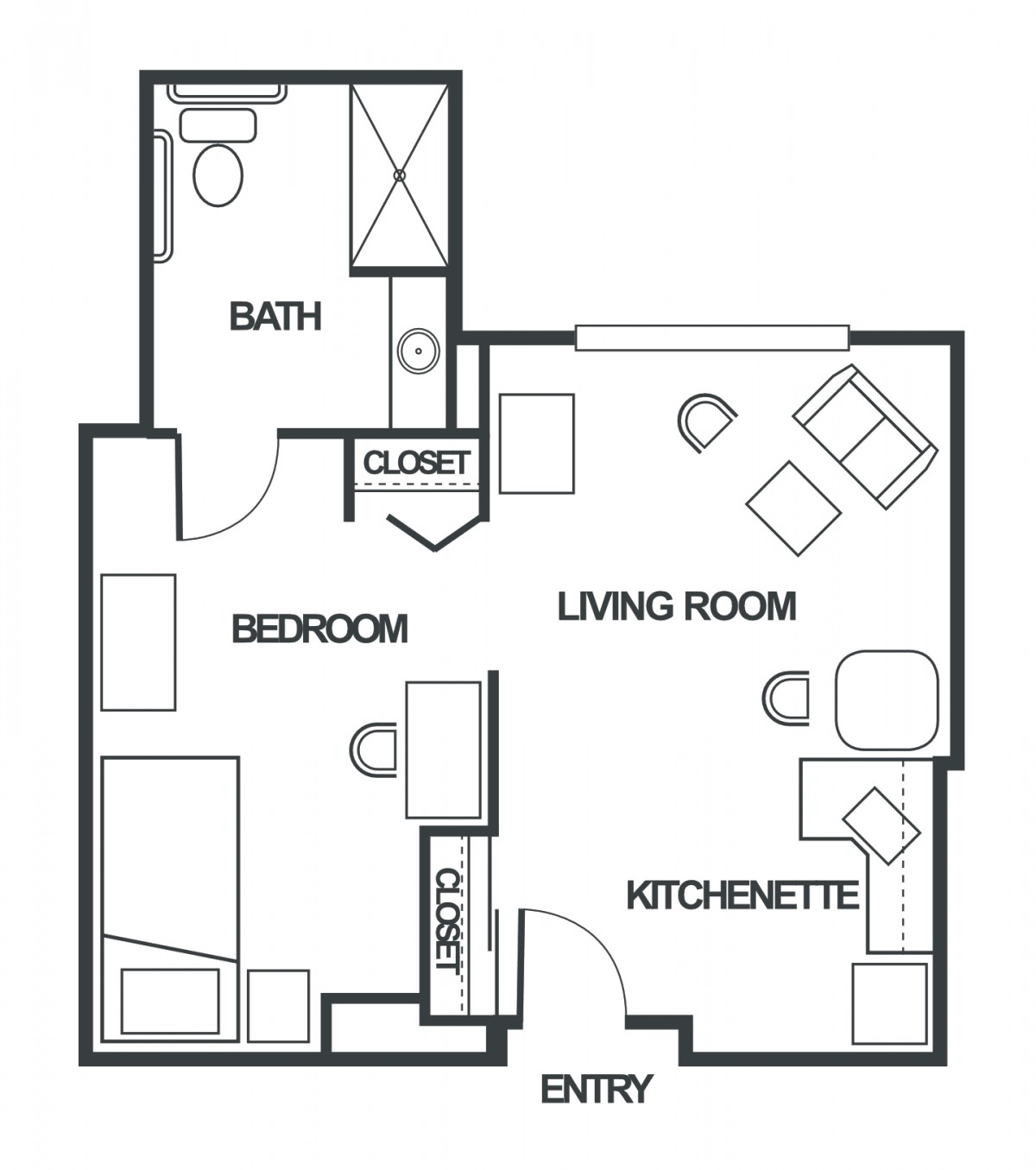 A floor plan of a one-bedroom apartment featuring a living room, kitchenette, bathroom, and closet.