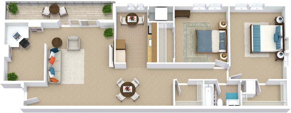 A detailed floor plan showing the layout of an apartment, featuring a bedroom, living area, and dining spaces.