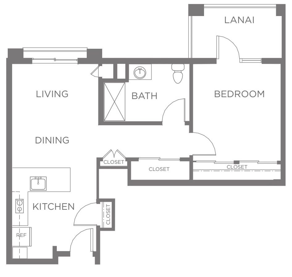A floor plan of a one-bedroom apartment featuring a living room, kitchen, bathroom, and lanai.
