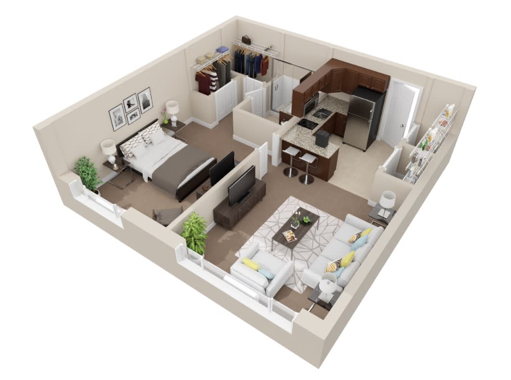 A modern one-bedroom apartment with an open living area and kitchen.