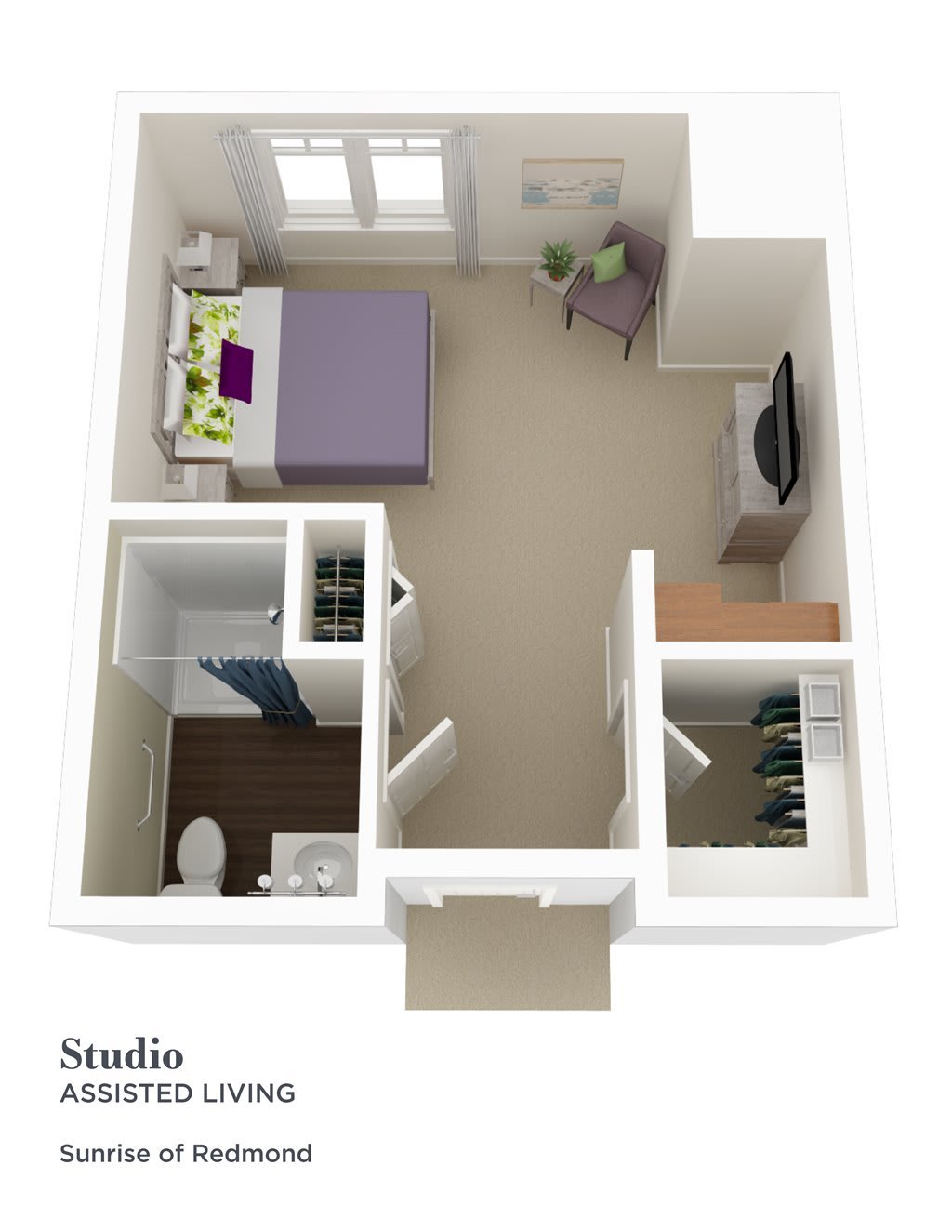 A floor plan of a compact studio apartment with designated living and sleeping areas.