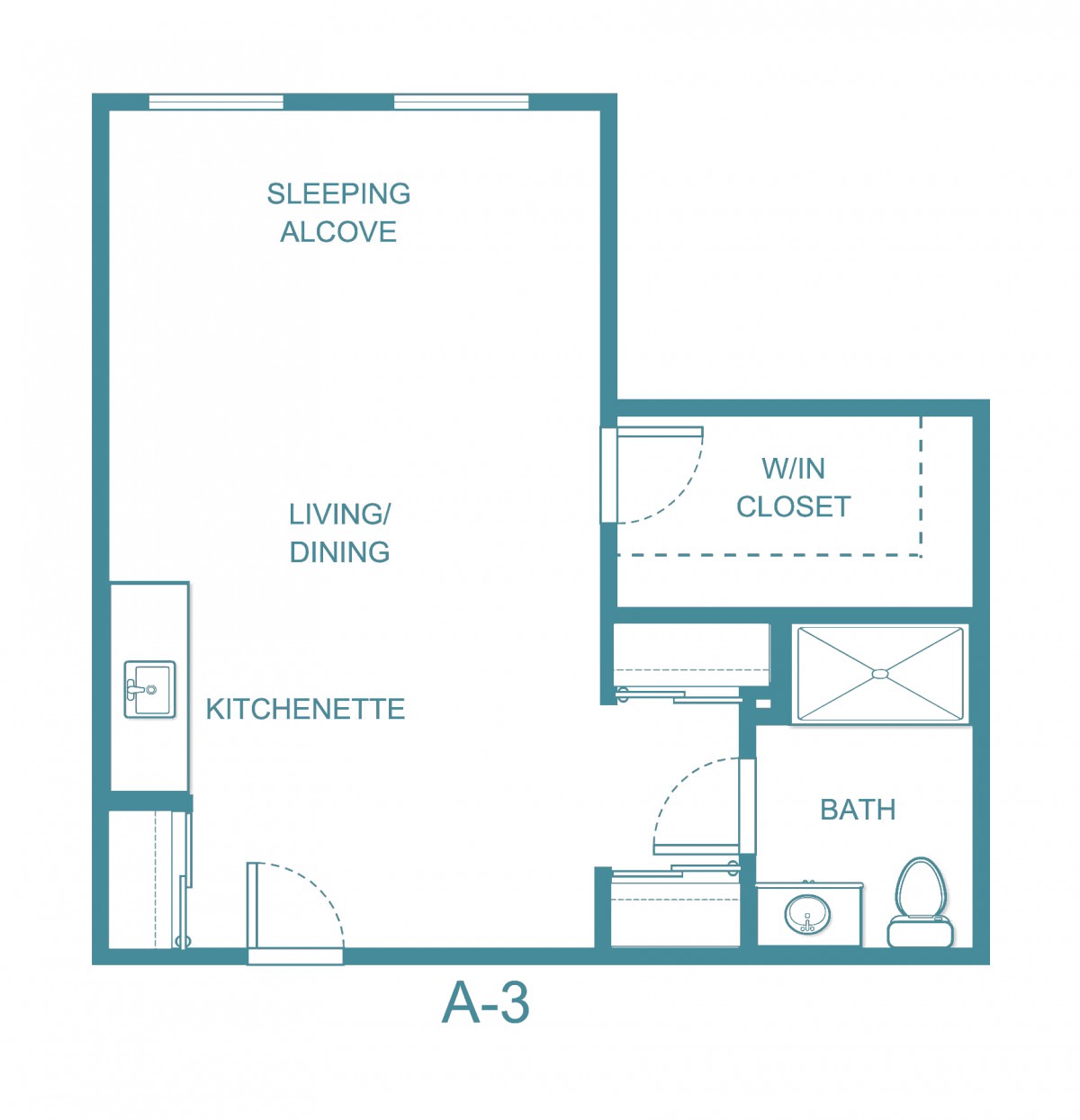 Studio apartment floor plan with sleeping alcove, living area, kitchenette, bath, and walk-in closet.