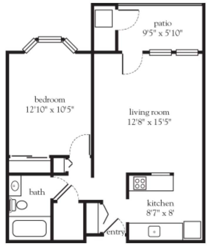 A floor plan of a one-bedroom apartment, featuring a living room, kitchen, bathroom, bedroom, and patio.