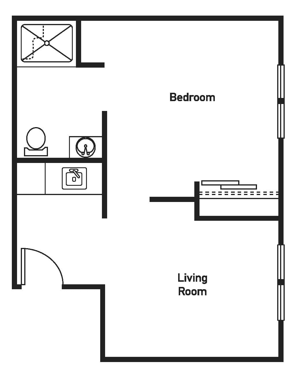 A simple floor plan depicting an apartment layout with a bedroom, living room, and bathroom.