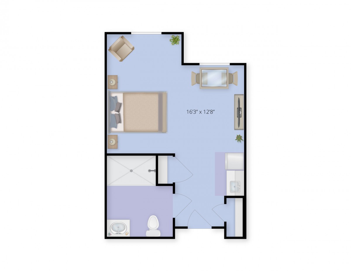 A simple floor plan of a one-bedroom apartment with a separate bathroom and living area.