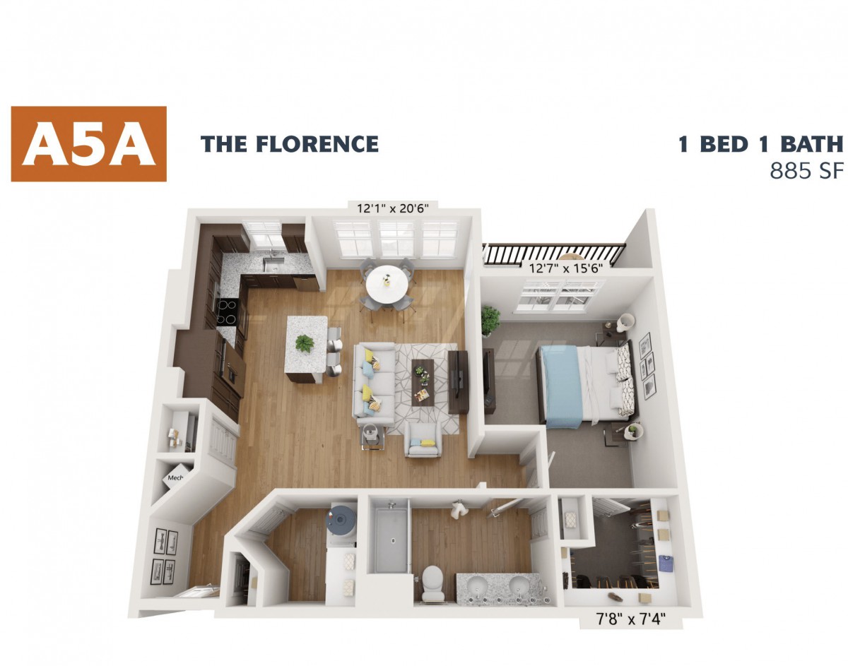 The Florence 1-bedroom apartment floor plan layout.