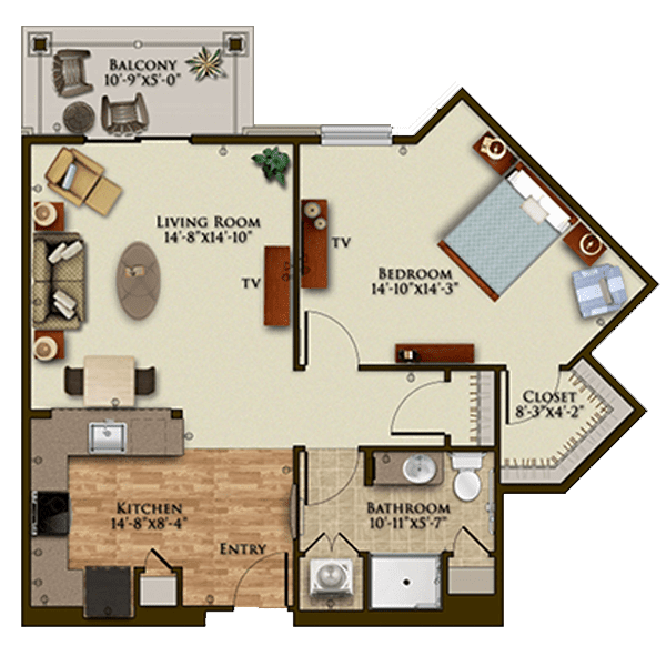 A detailed floor plan of a one-bedroom apartment featuring a kitchen, living room, bathroom, and balcony.