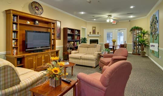 A cozy living room with comfortable seating, a television, bookshelves, and decorative flowers.