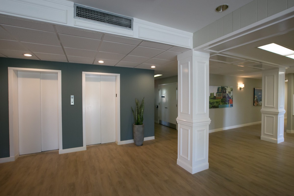 A modern lobby area with elevators and contemporary decor.
