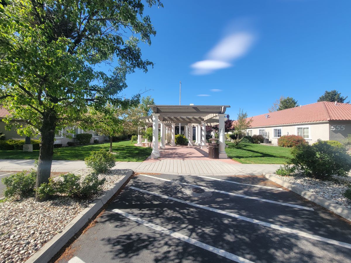 A sunny day view of a garden with a gazebo surrounded by trees and pathways.