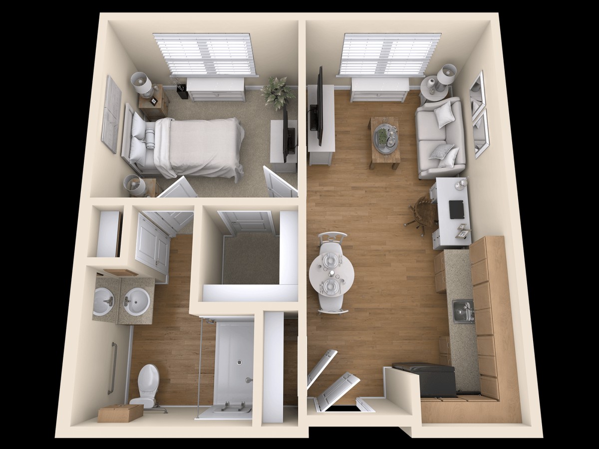A 3D-rendered floor plan of a one-bedroom apartment, featuring a bedroom, bathroom, and an open kitchen-living area.