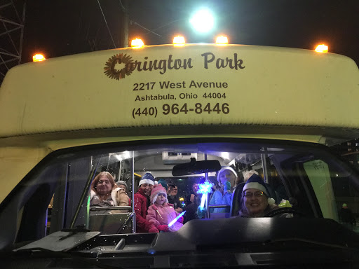 A lively group of people enjoying a night out on a decorated bus, illuminated by festive lights.