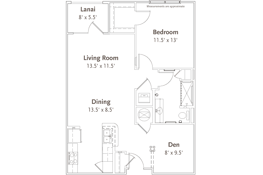 A floor plan of an apartment featuring a living room, bedroom, dining area, den, and lanai with marked dimensions.