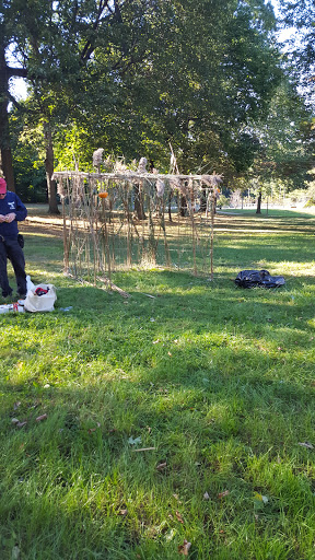 A person in a park stands next to a dog, while another object is visible on the ground nearby.