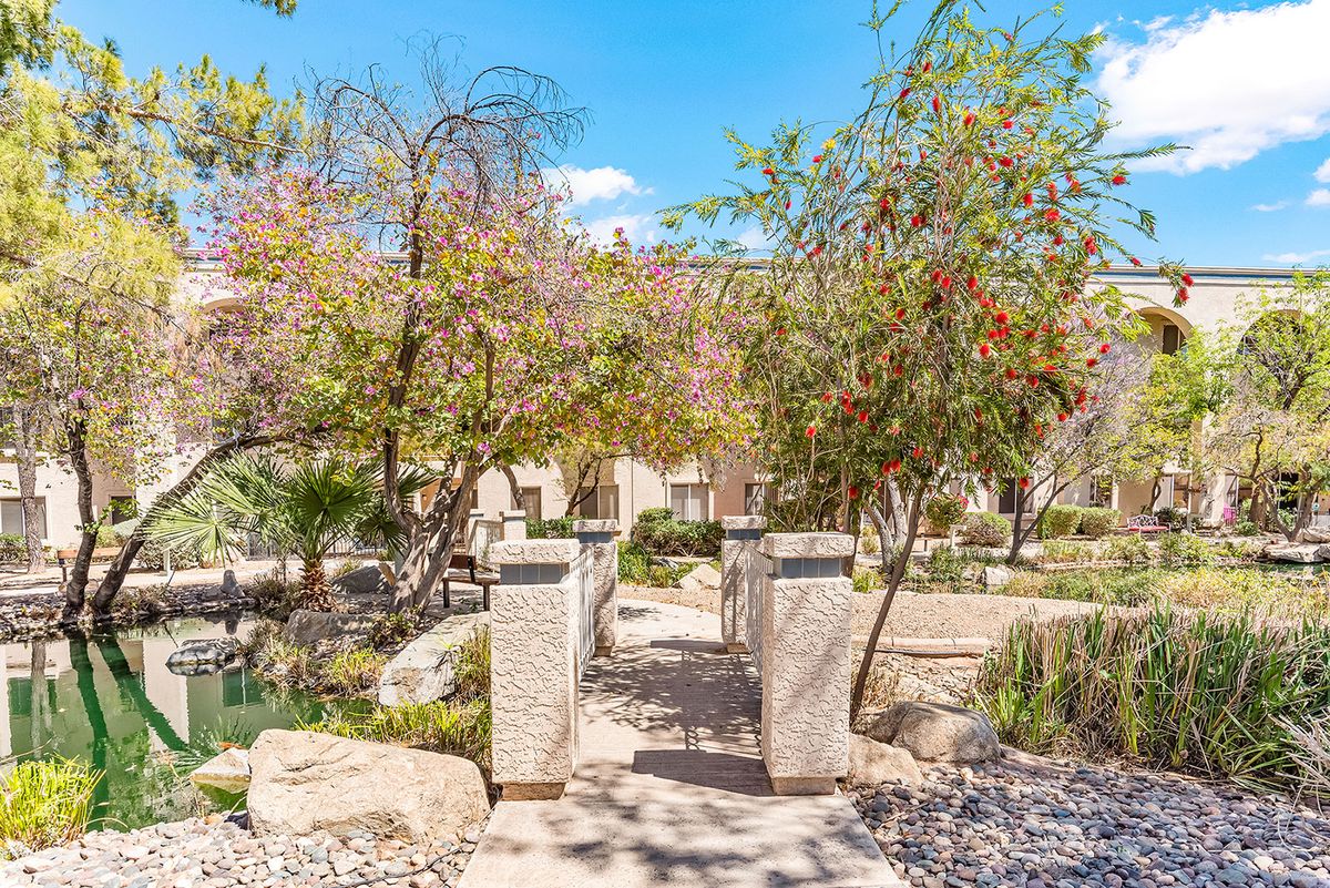 A scenic garden pathway surrounded by trees and natural landscaping.
