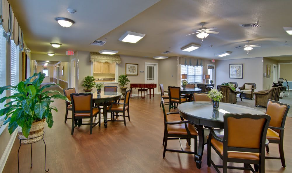 A spacious dining room with arranged tables and chairs, featuring decor elements like plants and artwork.