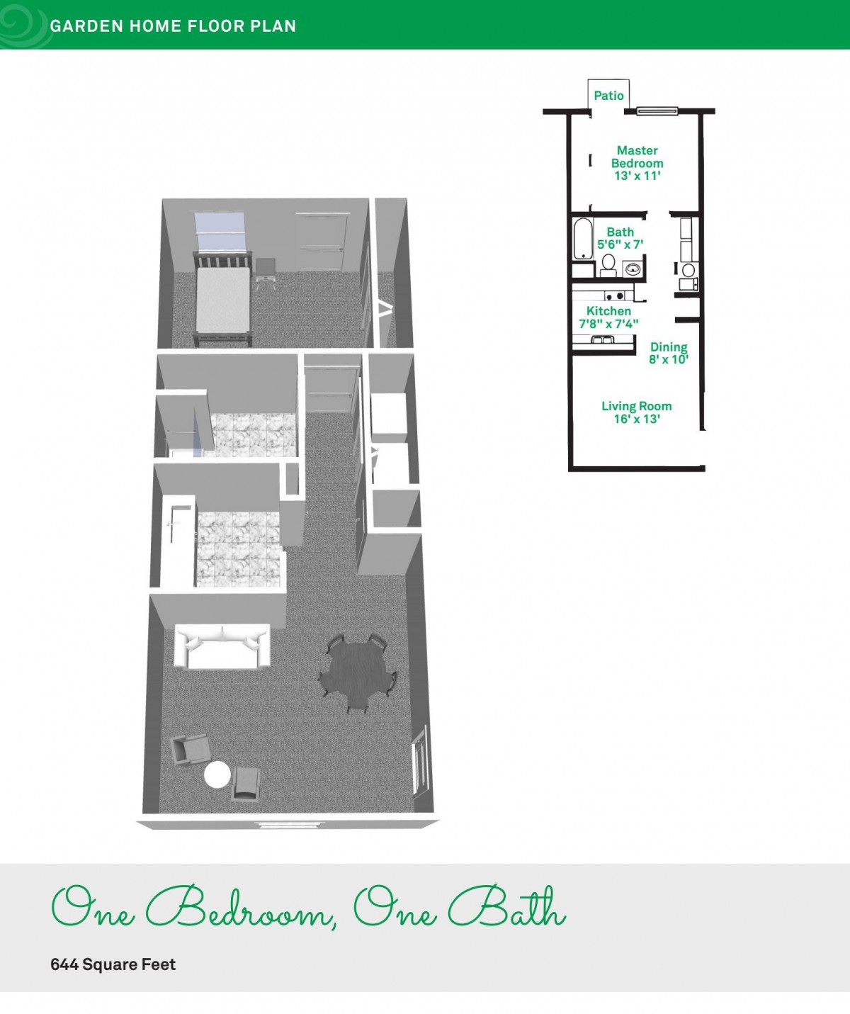 3D floor plan of a one-bedroom, one-bathroom apartment.