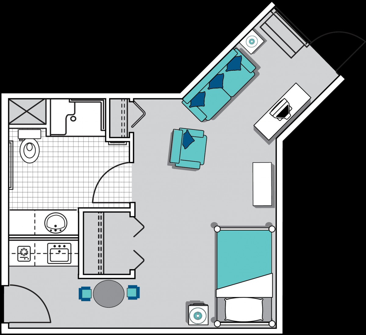 A detailed floor plan of a small apartment featuring a living area, kitchen, bathroom, and bedroom.