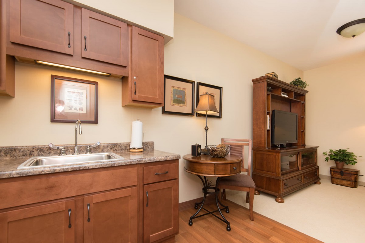 A cozy room featuring a kitchenette with wood cabinets, a small sink, and countertop, along with comfortable seating and a television on an elegant wooden stand.
