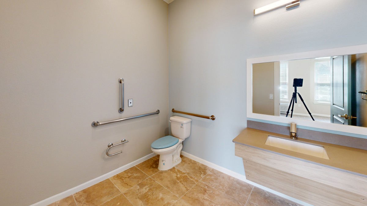 An accessible bathroom with grab bars and a mirror above the sink.