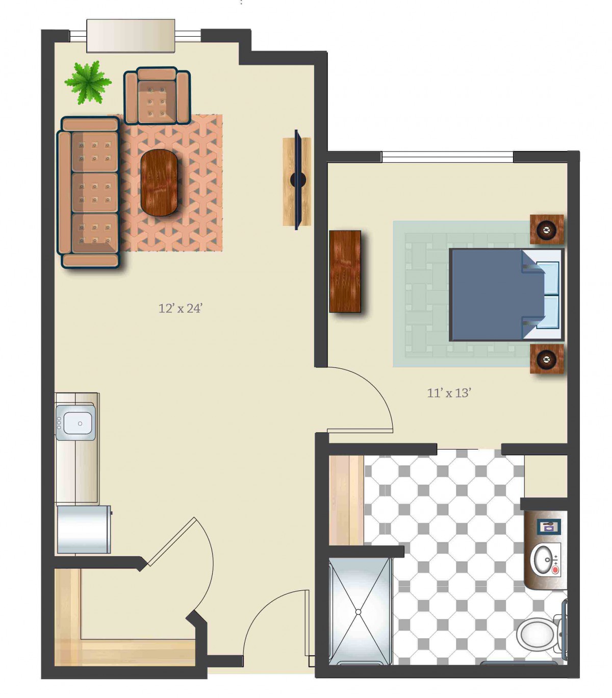 A simple floor plan of a one-bedroom apartment featuring a living room, kitchen, and bathroom.