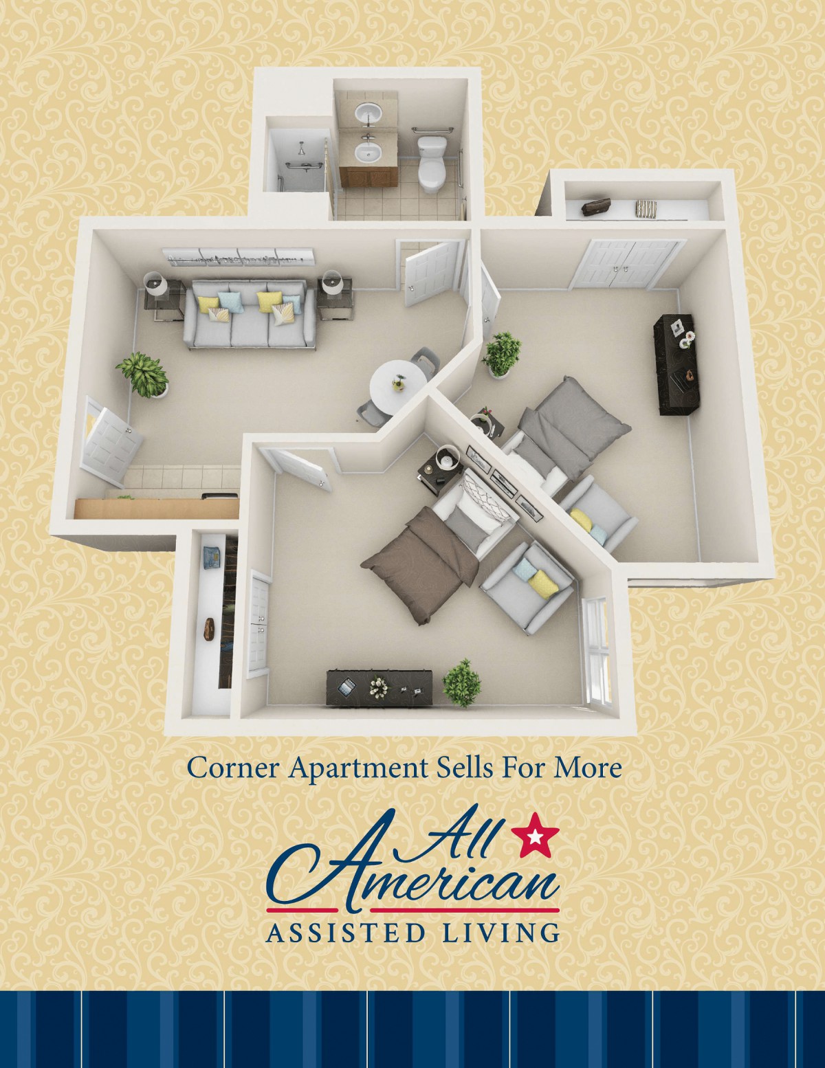 3D floor plan of a corner apartment in an assisted living facility.