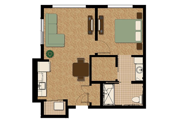 A floor plan of a one-bedroom apartment with labeled living room, kitchen, bathroom, and bedroom areas.