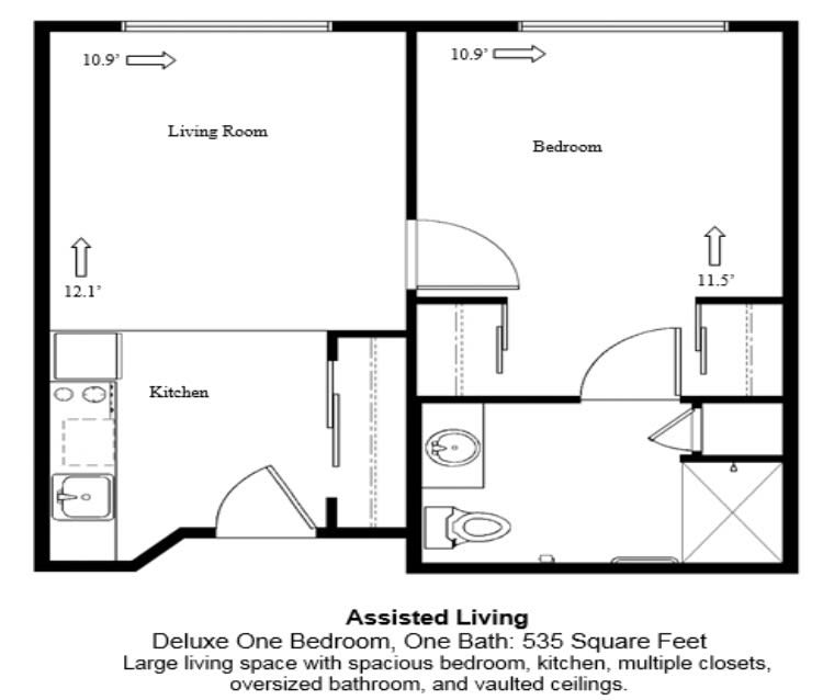 Floor plan for an assisted living one-bedroom, one-bathroom unit measuring 525 square feet.