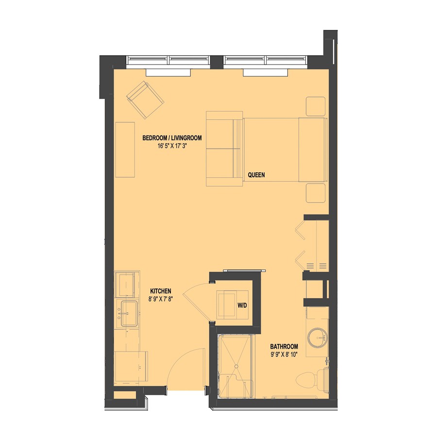 A floor plan of a studio apartment showing the layout of the kitchen, living area, and bathroom.
