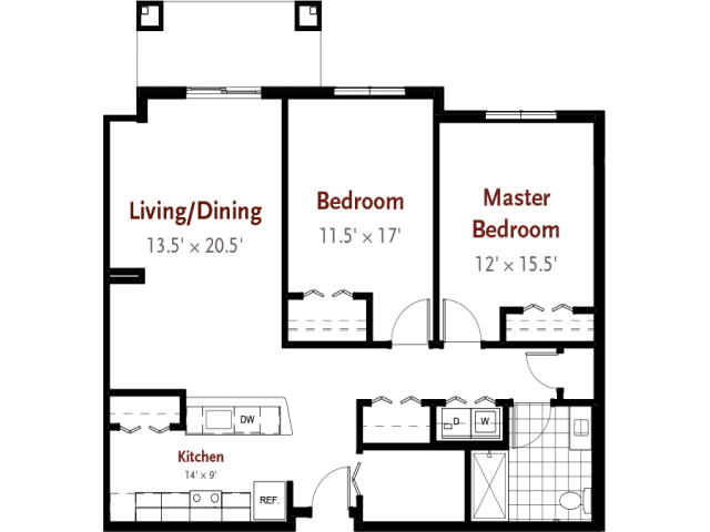 Floor plan of an apartment with labeled rooms and dimensions.