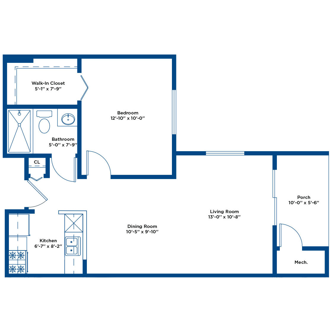 A blueprint of a one-bedroom apartment layout with designated areas for the living room, dining room, kitchen, bedroom, and bathroom.