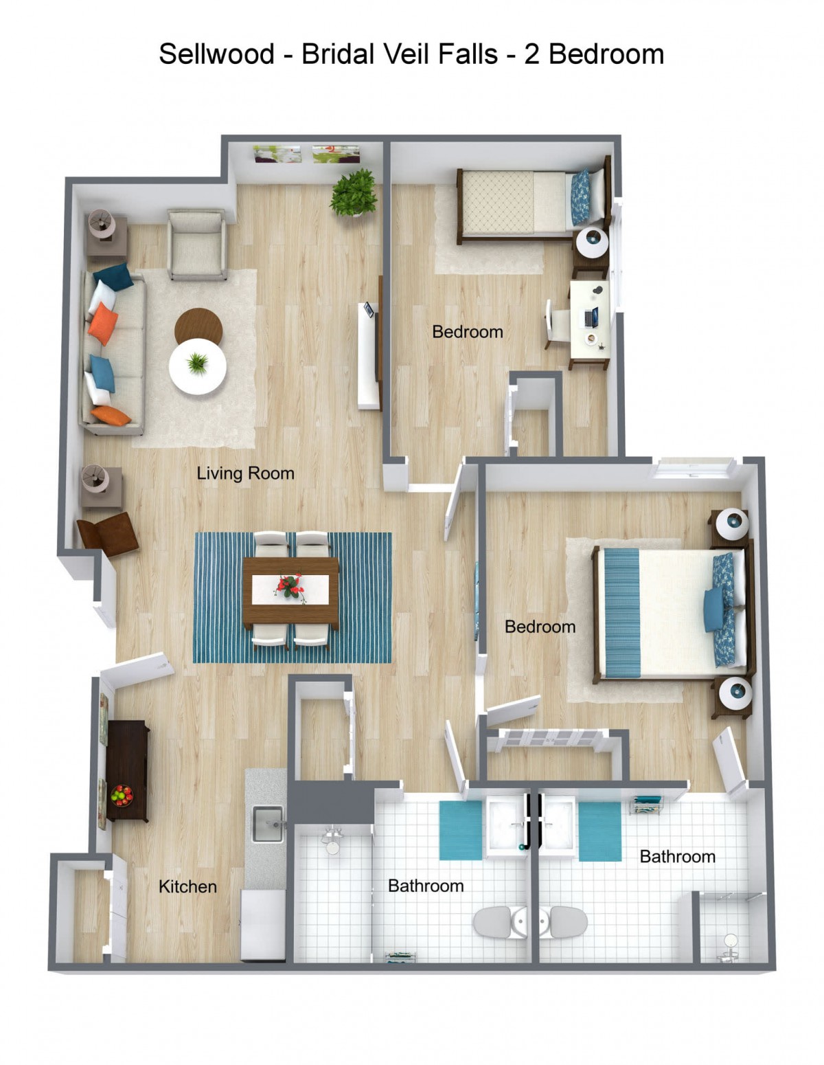 A detailed floor plan of a two-bedroom apartment with labeled rooms and furniture placement.
