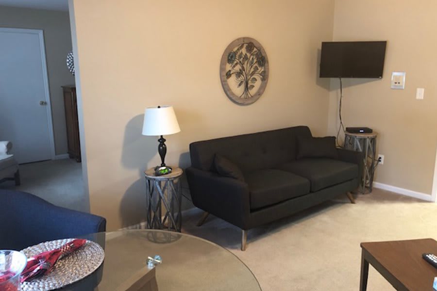 A cozy living room featuring a dark sofa, lamp, side tables, and decorative wall art.