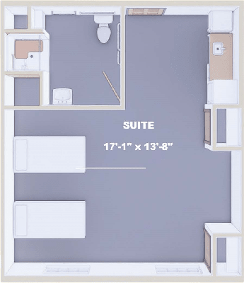 Floor plan of a suite with two beds and an attached bathroom.