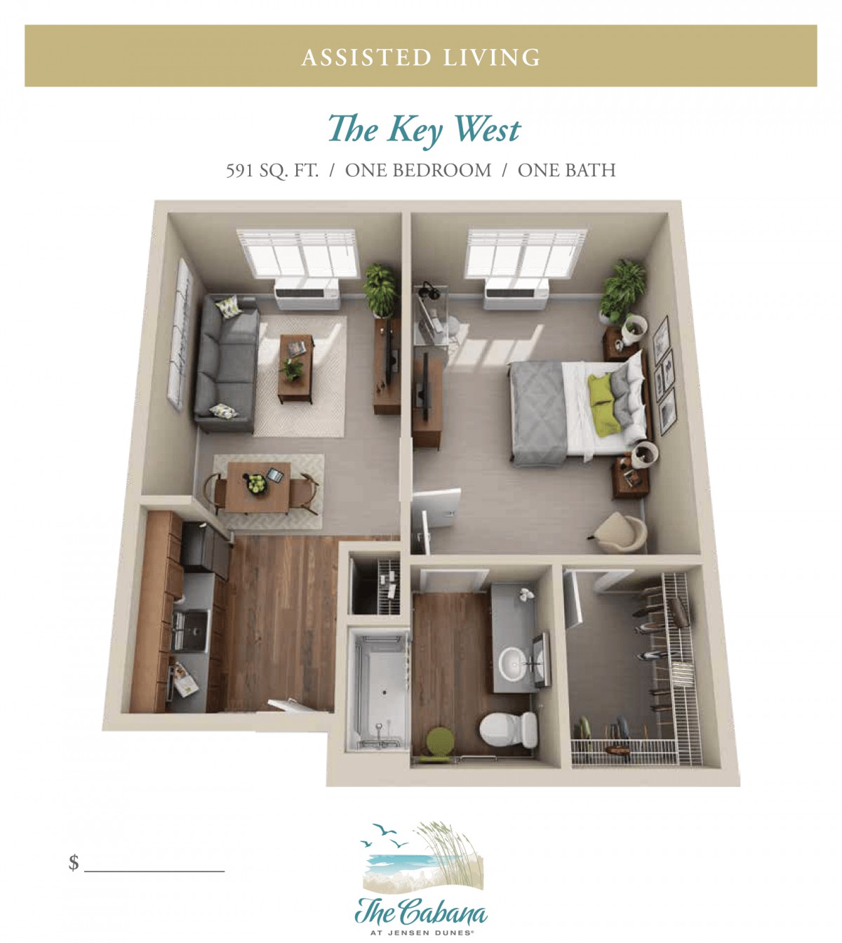 A detailed floor plan of a one-bedroom apartment layout, featuring a living room, kitchen, bathroom, and bedroom.