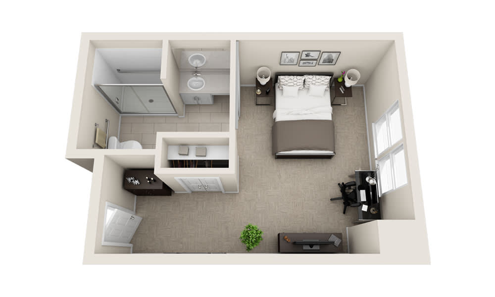A 3D floor plan featuring a bedroom with an attached bathroom, showcasing furniture arrangement and interior design elements.