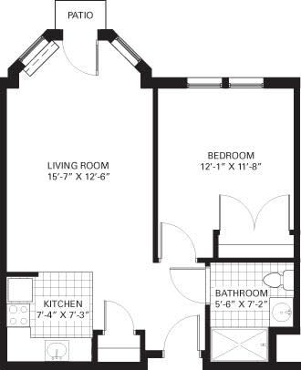 A floor plan of a one-bedroom apartment featuring a living room, kitchen, bedroom, and bathroom.