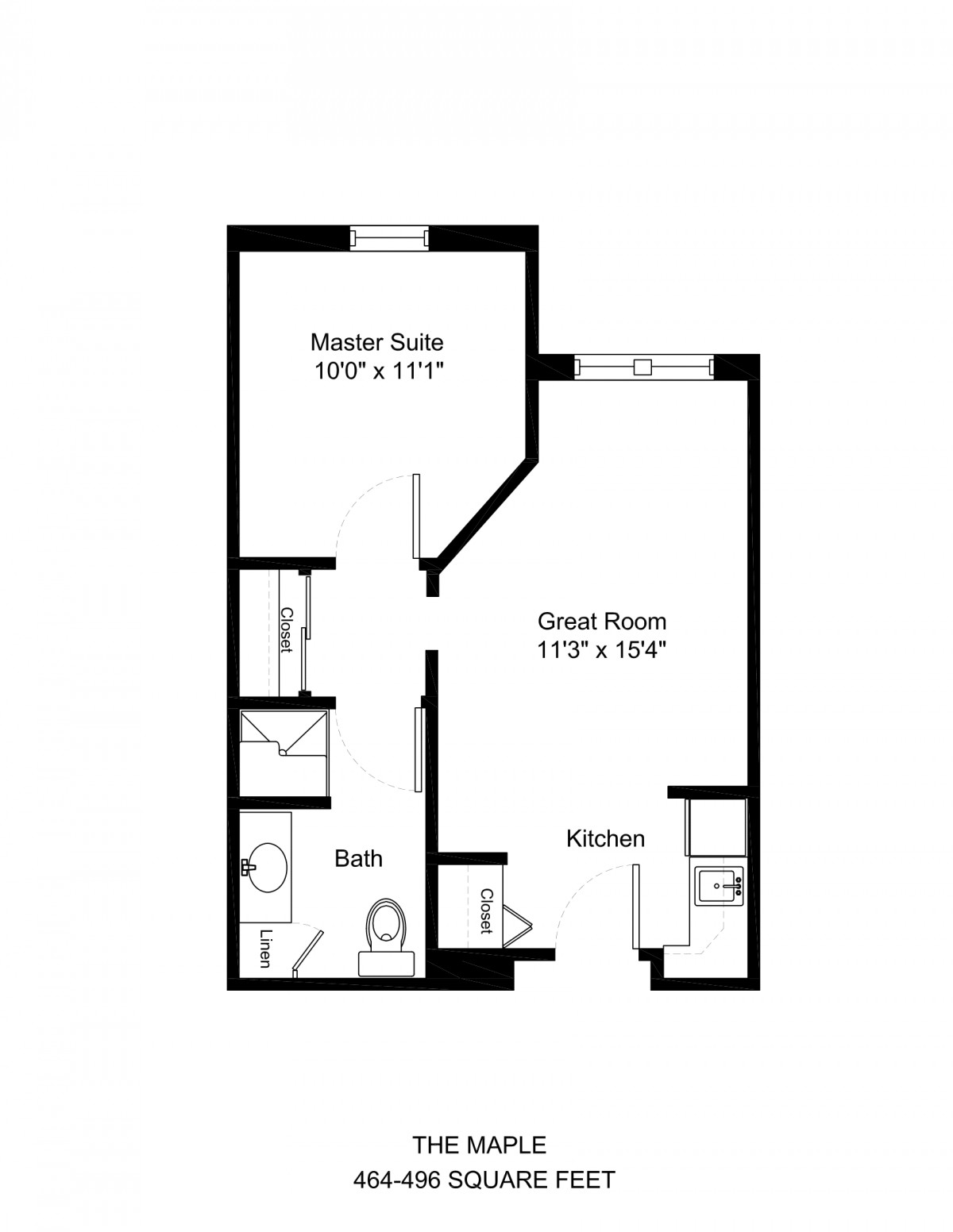 A floor plan of a one-bedroom apartment with designated areas for a master suite, bathroom, kitchen, and great room.