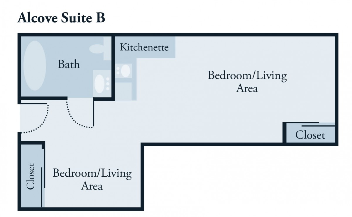 A floor plan of Suite B featuring a kitchenette, bath, and bedroom/living area.