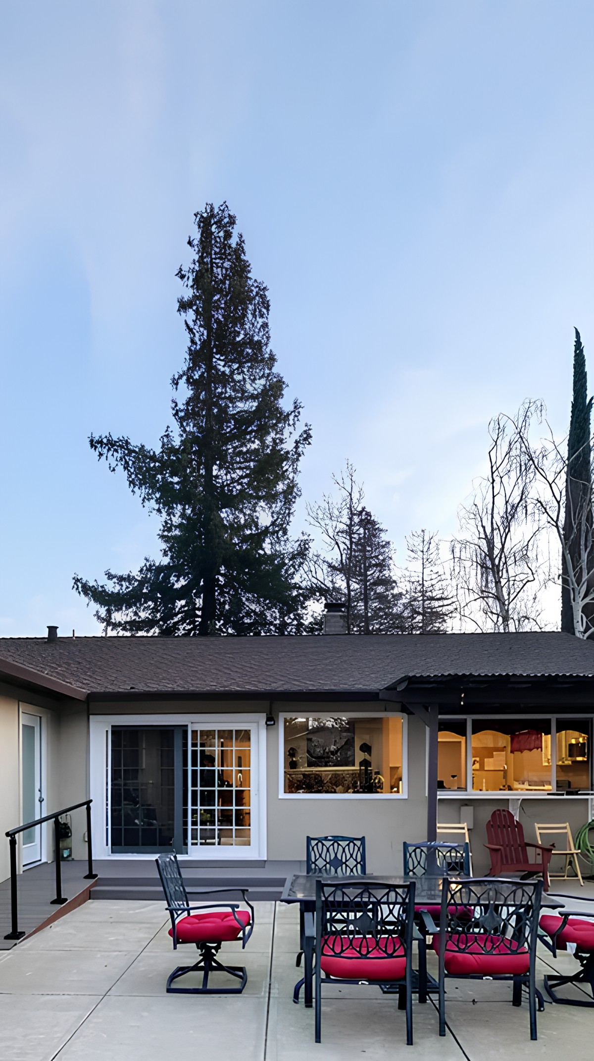 A cozy one-story house with large windows set against a backdrop of tall trees and a clear evening sky.