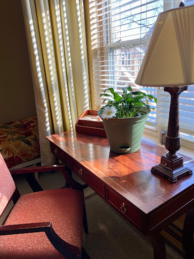 A cozy workspace featuring a wooden desk, a comfortable chair, and a potted plant, illuminated by sunlight streaming through the window.