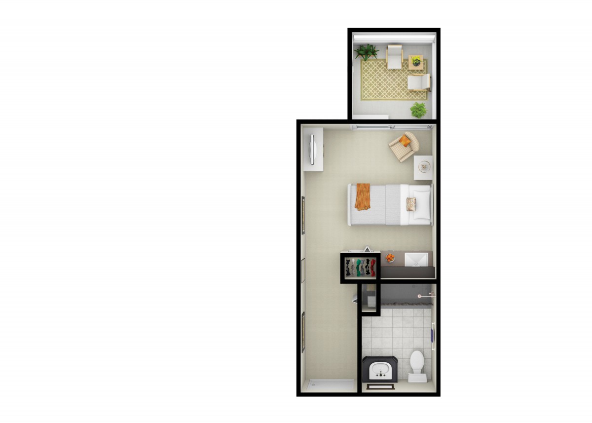 One-bedroom apartment floor plan with bedroom, bathroom, kitchen, and living area.