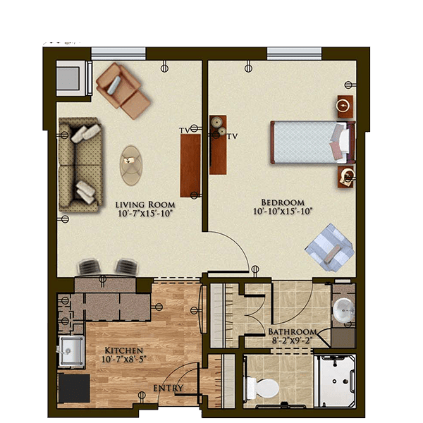 A one-bedroom apartment floor plan including a living room, kitchen, bathroom, and bedroom.