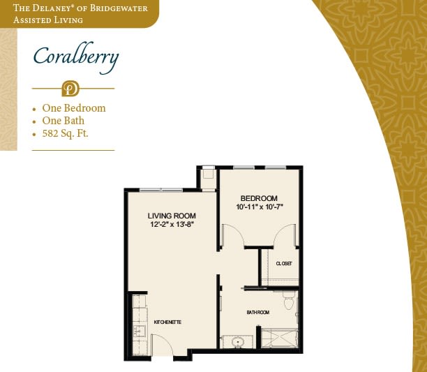 This image displays the floor plan of a one-bedroom apartment named 'Coalberry', featuring a living room, kitchen, and bathroom.