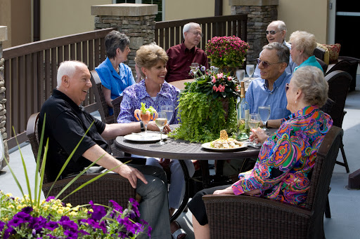 A joyful outdoor gathering of seniors enjoying food and conversation.
