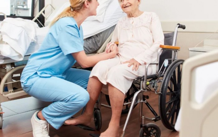 A nurse interacting with an elderly patient in a wheelchair.