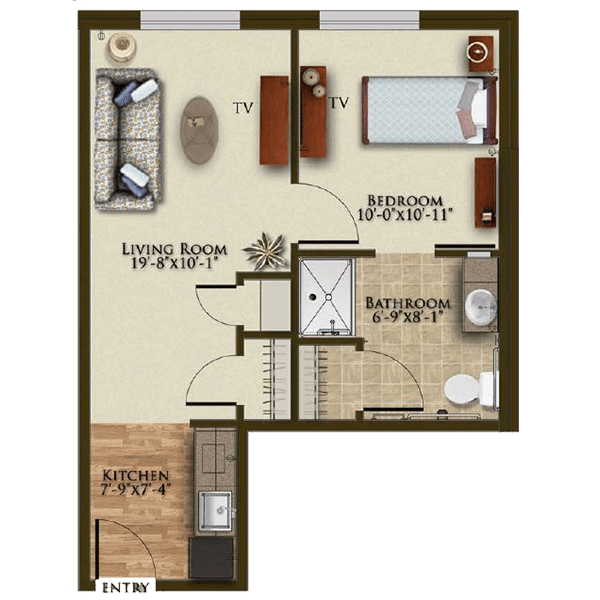 A floor plan of a one-bedroom apartment with designated areas for a living room, kitchen, bedroom, and bathroom.