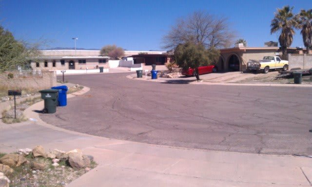 A quiet suburban street with trash bins lined up along the curb and houses in the background.